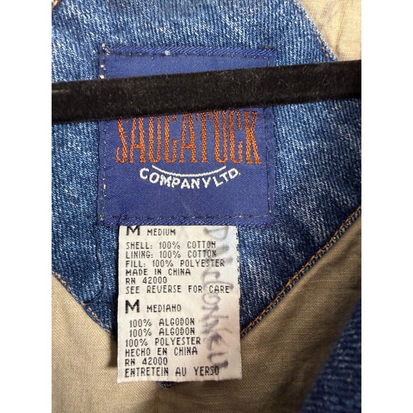 Vtg 90s Saugatuck Co Blue Denim Tan Canvas Hood Varsity Bomber Jacket Mens Med - Picture 2 of 10